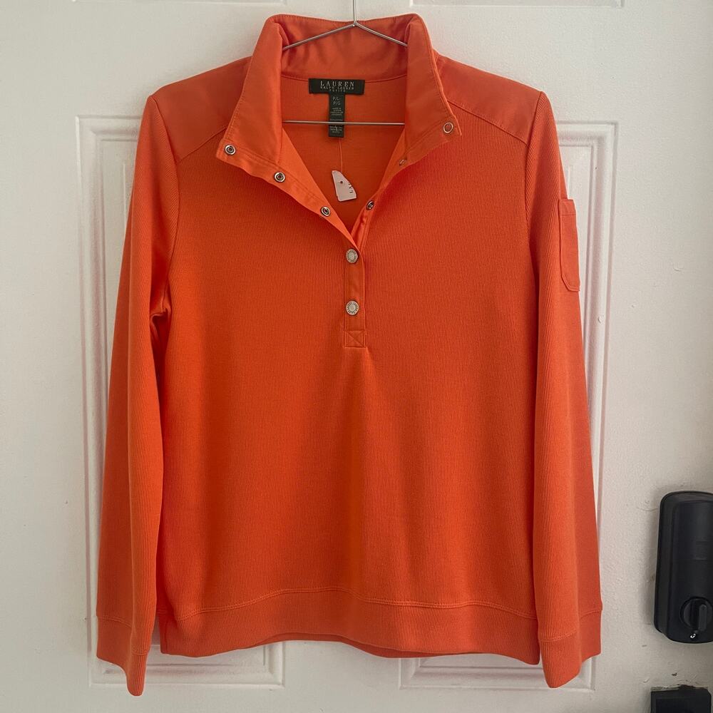 Lauren Ralph Lauren Petite L Orange Cotton Snap Neck Pullover Sweatshirt RL